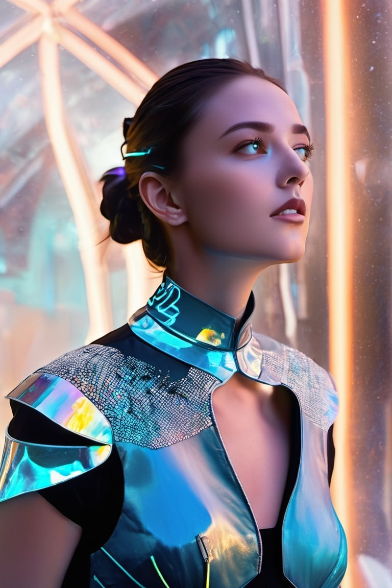 an oil painting of a beautiful young caucasian woman 21 years old, cyberpunk futuristic with cyan, translucent plastic, amber, and neon theme, Full body, crystal, Royal princess on a viewpoint look at the Futuristic city below wearing finery on beautiful translucent body, by wlop and richard schmid, loose brushstrokes, Broken Glass effect, no background, stunning, something that even doesn't exist, mythical being, energy, molecular, textures, iridescent and luminescent scales, breathtaking beauty, pure perfection, divine presence, unforgettable, impressive, breathtaking beauty, Volumetric light, auras, rays, vivid colors reflects, Broken Glass effect, no background, stunning, something that even doesn't exist, mythical being, energy, molecular, textures, iridescent and luminescent scales, breathtaking beauty, pure perfection, divine presence, unforgettable, impressive, breathtaking beauty, Volumetric light, auras, rays, vivid colors reflects, UTOPIA, UTOPIAN,eyes shoot,oil paint ,EpicSky,xxmixgirl,neon photography,cowboy shot,style,DonMFr0stP4nkXL,p3rfect boobs