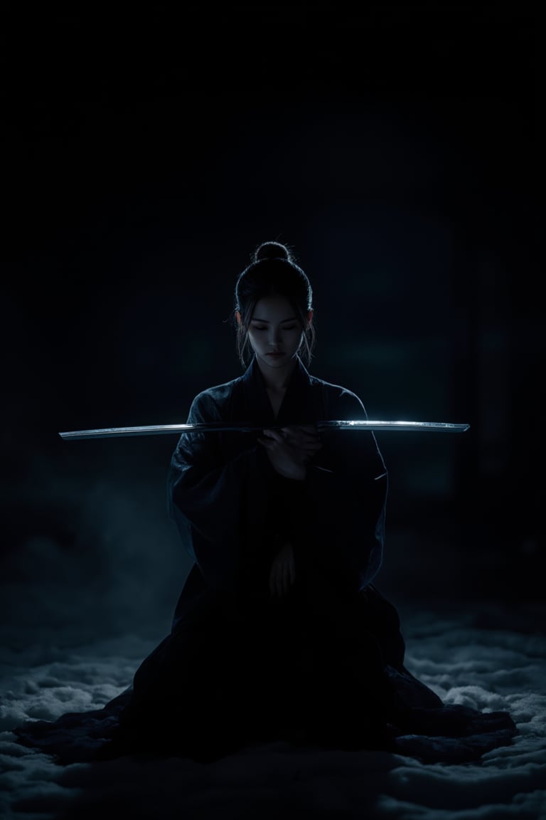 Chiaroscuro Lighting Style, anime_martz, In the pitch-black night, a lone female samurai knee, partially covered in shadows, ls on one knee, the silence around her heavy with tension. Her katana is held horizontally across her chest, the blade glinting faintly in the moonlight. With calm precision, she presses the inside of her arm against the tip of the blade, using the crook of her elbow to stabilize the sword. Her posture is deliberate and controlled, the weapon held firm in a delicate balance between honor and readiness. The dark, cold night amplifies her solitude, as her intense focus reveals both strength and grace in this quiet, poised moment.