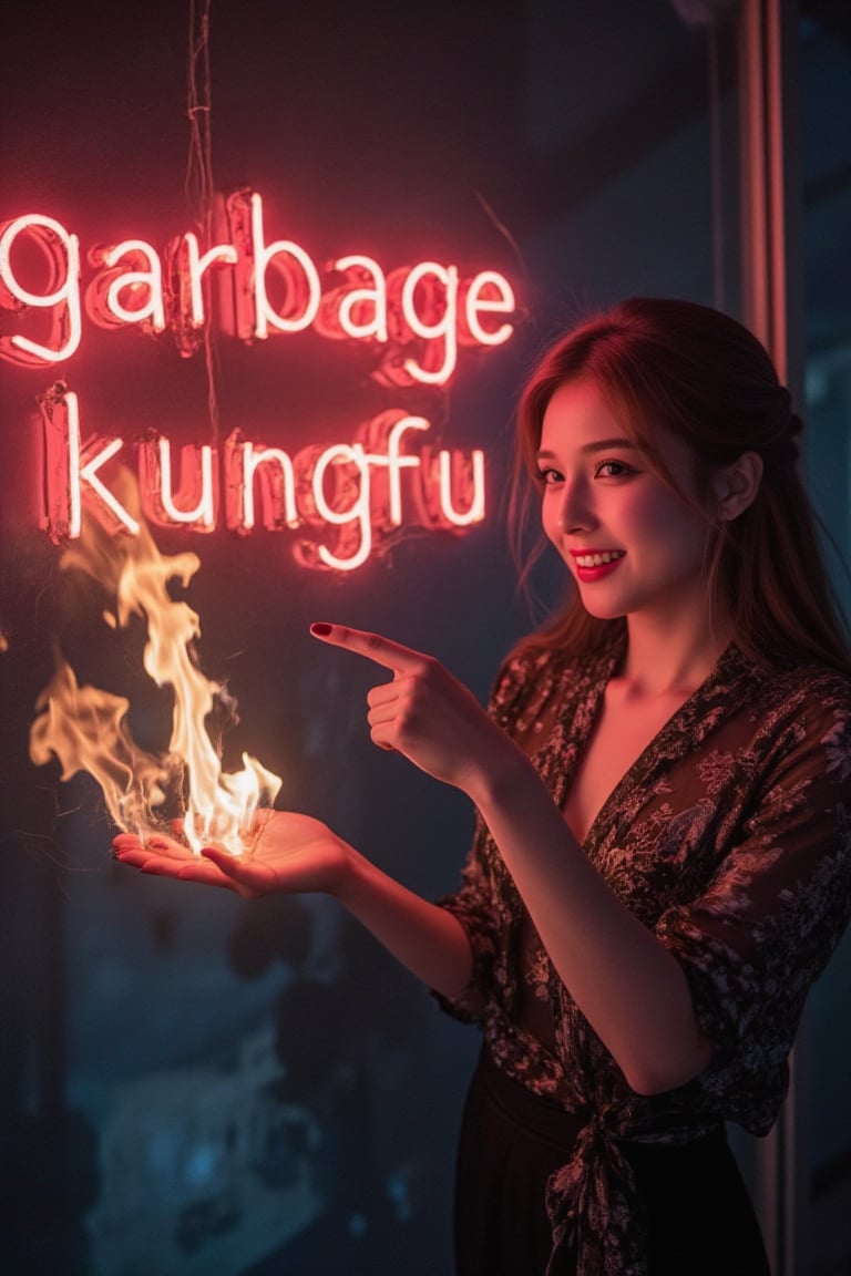 A very beautiful woman is pointing at the viewer and smiling, pointing at a large neon sign that says "garbage kungfu". The background is dark gothic with dark tones in a Japanese style. Detailed texture, high quality, high resolution, high precision, realism, color correction, good lighting settings, harmonious composition, Behance work, watercolor, text, the text is "",ct-kjbp, , as huge fire crackles from her hand,