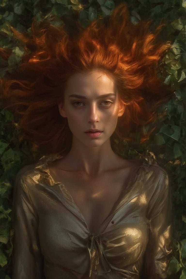 A fiery-haired wild girl sprawls across the canvas, her tousled locks framing her striking features under dramatic lighting. Her piercing eyes gleam with a hint of mischief, as she reclines on a lush green background, her perfect physique accentuated by the bold brushstrokes. The vibrant red lipstick and detailed facial features are illuminated from above, casting a warm glow on her porcelain skin. The overall atmosphere is one of raw energy, as if the wild girl might spring to life at any moment.