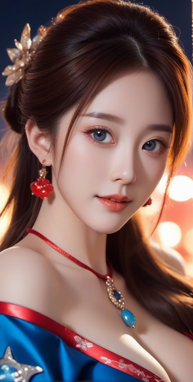 best quality, masterpiece, 1girl, solo, extremely detailed, bare shoulders, Bright stars, Depth of field, dramatic angle, floating hair, feather, looking at viewers, real, photo, cityscape, stars, night, full moon, giantess, long hair, multicolored hair, blue eyes, red eyeshadow, smirk, evening dress, hair ornament, heart hair ornament, earrings, jewelry, bell, necklace, pendant, bracelet, half gloves , tiara, halo, off shoulder, detached sleeves, Long skirt, red hair, blonde hair , streaked hair, wavy hair.",smile, (huge_boobs:1.7), willowy, chiseled, (hunky:3.4), body Rotation -9 degree,((cowboy shot:1.5)),Movie Still,chinese girls,hanfu,xxmix_girl