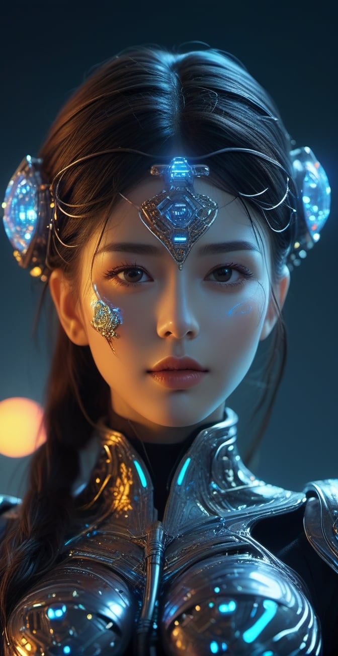 ((cowboy shot)),Macro photo showcasing  a futuristic, humanoid figure's face, adorned with intricate jewelry and electronic interfaces. Her gaze is intense, and her skin glows with a mix of natural and neon hues. The detailed view reveals cascading digital rain and illuminated lines, enhancing the cybernetic ambiance. in wide ratio,, smile, (oil shiny skin:1.3), (huge_boobs:2.6), willowy, chiseled, (hunky:2.0), body turn -46 degree, (perfect anatomy, prefecthand, dress, long fingers, 4 fingers, 1 thumb), 9 head body lenth, dynamic sexy pose, breast apart, ((full body:1.2)), (artistic pose of a woman),chrometech,surface imperfections,DonMM4ch1n3W0rldXL ,circuitboard