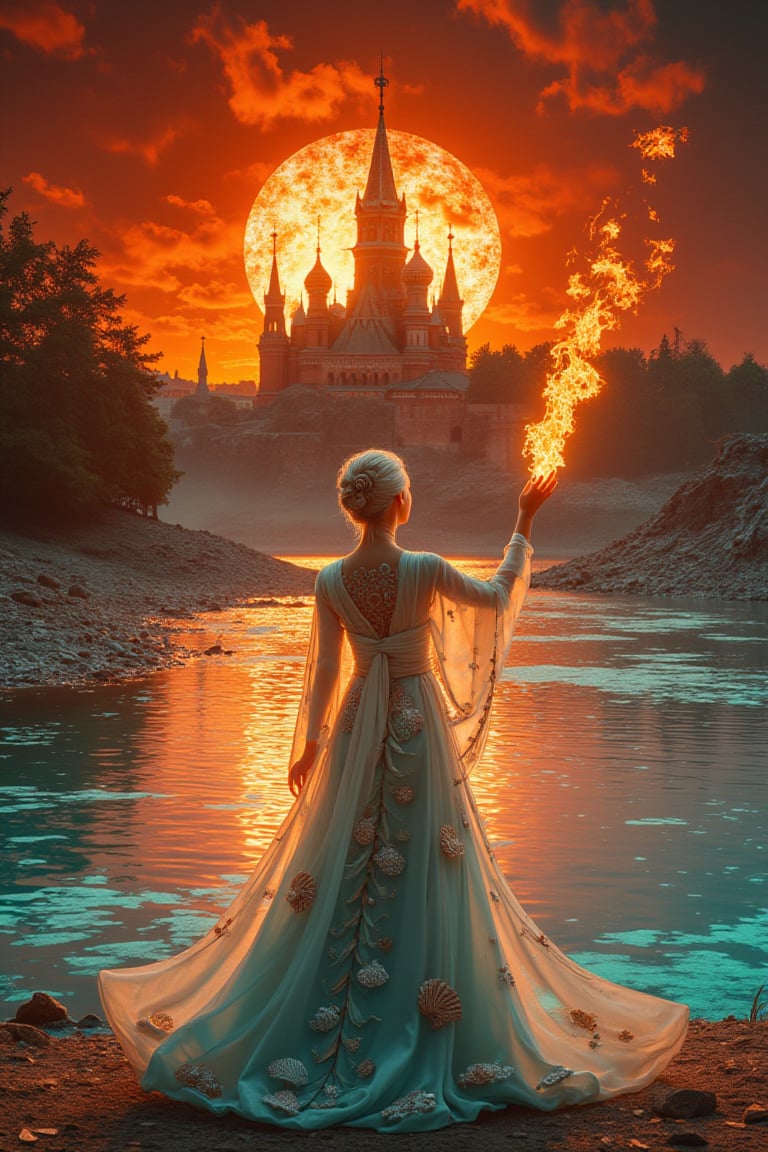 A majestic Japanese woman stands on the crystal-clear lake shore, her silver hair glistening in warm sunlight. She gazes out at the water's serene surface, her stunning sea-colored silk gown flowing behind her, adorned with delicate seashell and pearl embroidery. The surrounding landscape is bathed in a soft, golden light.

In contrast, a desolate Moscow Kremlin stands amidst a fiery red sky ablaze with flames and dark black clouds looming overhead, framing the ruinous scene. Shattered bricks and twisted metal scatter across the composition, showcasing every detail of devastation.

As she stands, her hand holds aloft, crackling with intense flame, casting a warm glow on her serene face, juxtaposing the tranquility of her surroundings with the fiery power within.