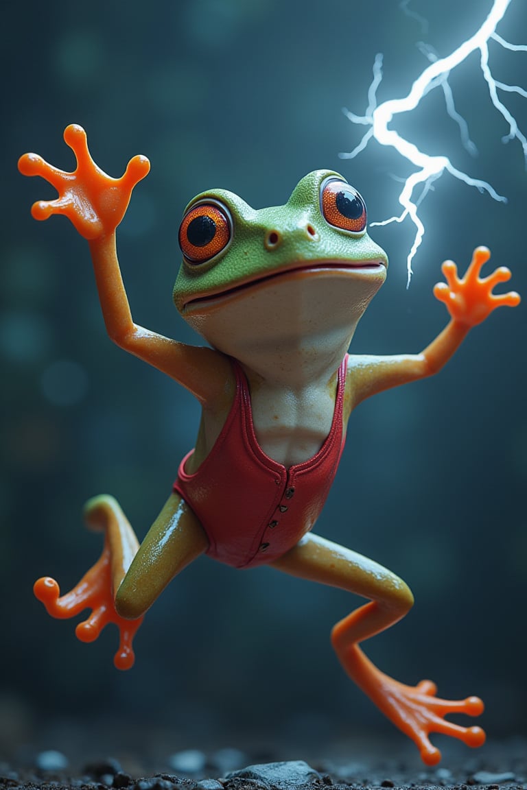 vibrant comical Funny, leaping frog wearing a bathing suit, arms in air, full body, hyper-realistic, extremely detailed, vibrant, Ultra HD 128k,(it's  hand crackling with huge electricity power as it's gazes directly at the camera))