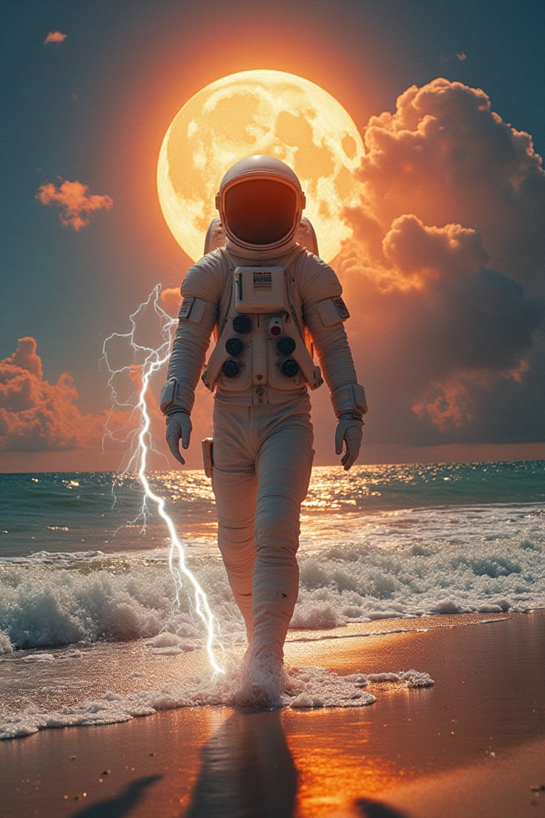 astronaut walking on sunshine, vfx explosions in the background by john carpenter and michael bay, parting the sea, split the moon, summer breeze, big wave, tropical pacific, 80 and 90 psychedelic city pop sfx by haruomi hosono, tatsuro yamashita, shigeru suzuki, yura yura teikoku, shintaro sakamoto, s kitoyaka and omega tribe, makoto matsushita, toshiki kadomatsu,(her hand crackling with huge electricity power as she gazes directly at the camera))