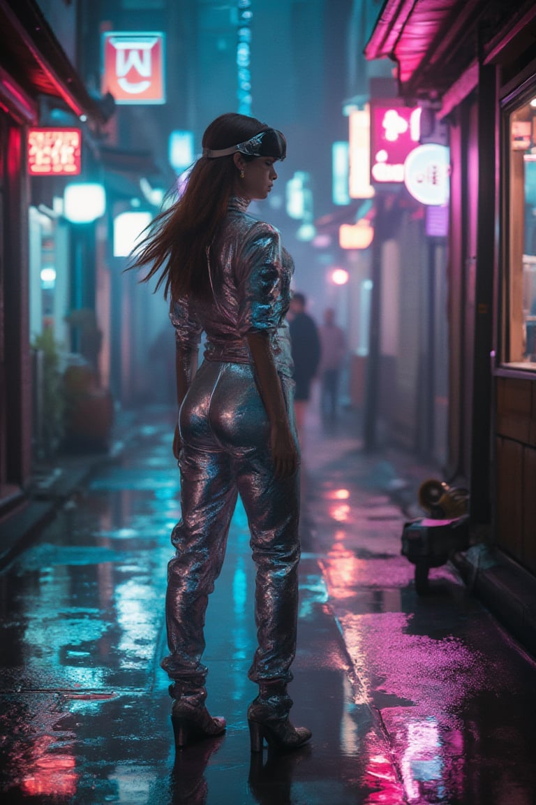 A Charred Blue Morpho Butterfly with a tiny Mechanical Legs and piercing dark pink eyes gazes intently at the camera, her Flipped hair Crimson hair blowing in the wind. aidmaMJ6.1

In the foreground, a winding alleyway lined with holographic shop signs stretches into the distance, punctuated by robotic street cleaners moving in perfect sync. At the center of the frame, a young woman stands at the entrance of the alleyway, her back to us. Clad in a metallic silver jumpsuit and silver-rimmed goggles, she exudes futuristic style from the 1960s.

The camera captures her in a medium-wide shot from the side, emphasizing the neon-lit alleyway disappearing behind her, which creates depth and perspective. Her reflection bounces off her jumpsuit, creating a kaleidoscope of colors on her metallic outfit. The lighting is stark and vibrant, with neon signs casting a rainbow of colors across the scene.