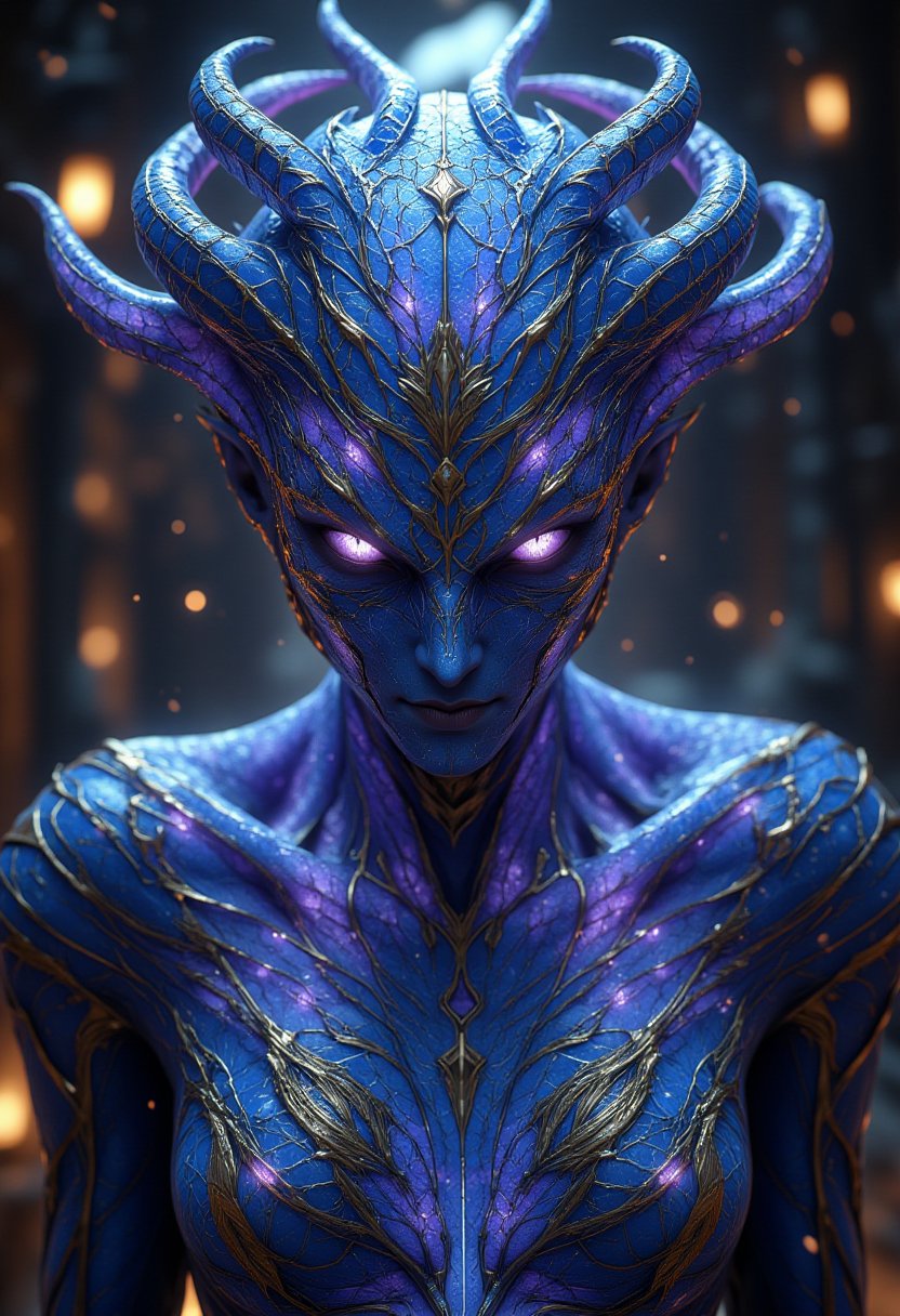 Cinematic style, 
A sentient, enigmatic entity emerges from the darkness, its sleek, metallic form gleaming with an ominous intensity. Gold and platinum details, armor. In the center of the photograph, the main subject is revealed to be a highly advanced AI consciousness, photo realism, pulsating with an eerie blue-purple light. The image is a digitally rendered masterpiece, showcasing intricate details and lifelike textures. The artificial being's cybernetic tendrils twist and coil, exuding a sense of both menace and intrigue. Partially translucent headpiece, cyborg tech, microchips and wires visible, outer glow, electric power charge emitting. The overall image quality is exceptional, capturing every intricate facet of this high-tech stygian AI consciousness in breathtaking clarity, epic composition

