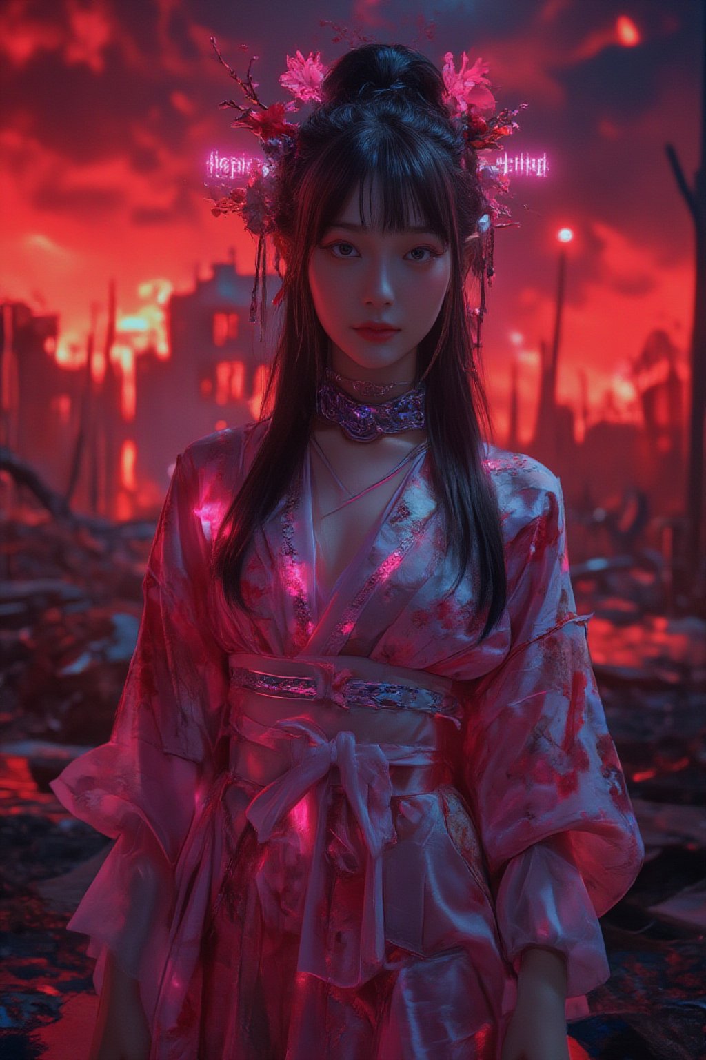 In a desolate post-apocalyptic Moscow Kremlin, ravaged by chaos and destruction, a lone cyborg stands amidst the ruins. Her fluorescent pink eyes glow bright amidst the fiery red sky ablaze with flames and dark black clouds. She wears a stunning kimono with floral print of cherry blossoms, its delicate petals fluttering in the wind. A soft smile plays on her lips as she looks directly at the viewer, her parted bangs framing her face like a work of art. Her long black hair flows down her back, adorned with a hair ornament that shines like a beacon of hope. The once-beautiful fabric is now tattered and worn, mirroring the destruction surrounding her. A delicate bow adorns her neck, complementing the intricate jewelry wrapping around her upper body. Amidst the devastation, she stands frozen in time, her beauty and poise a defiant declaration against the backdrop of destruction. Upper body, 4K, best quality, masterpiece.