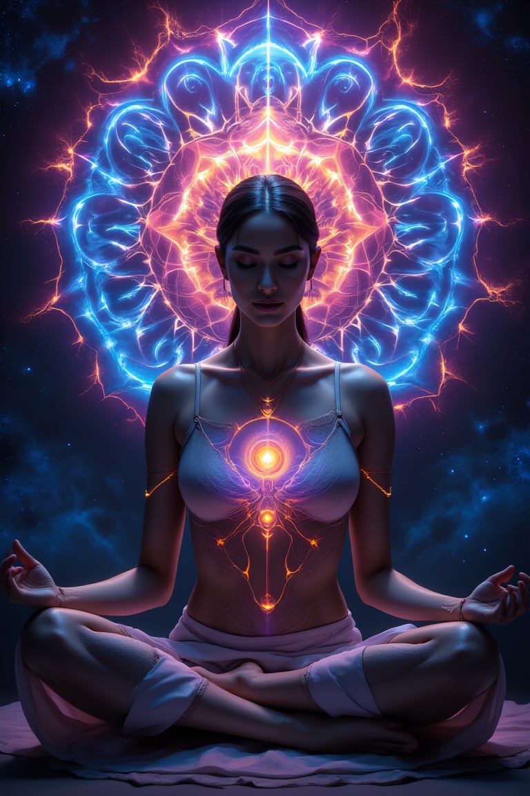 masterpiece, best quality, ultra high res, (abstract art:1.3), (dark theme:1.2), art, stylized, deep shadow, dark theme, 1girl, cosmic dress, cosmic beauty, in space, nebula (((her hand crackling with huge fire power as she gazes directly at the camera,gentle facial contours poses meditatively in an Indian-inspired cross-legged position. The colorfully neon light of chakra shines through the head, chest, and abdomen, Behind her, a radiant, magical mandala-like aura of glowing, icy patterns spreads out, adding an ethereal and divine presence,)))