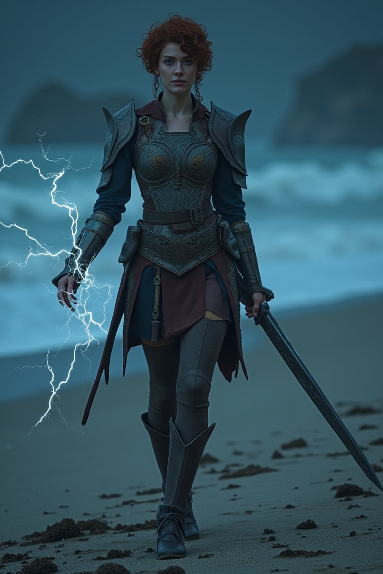 It is evening, a huge storm is coming in. The waves are large. Woman walking on beach. She has short, curly auburn hair and blue eyes. She is around 60, beautiful and determined looking. She is a mid evil warrior, wearing parts of her armor. She has a big, metal sword in one of her hands..,(her hand crackling with huge electricity power as she gazes directly at the camera))