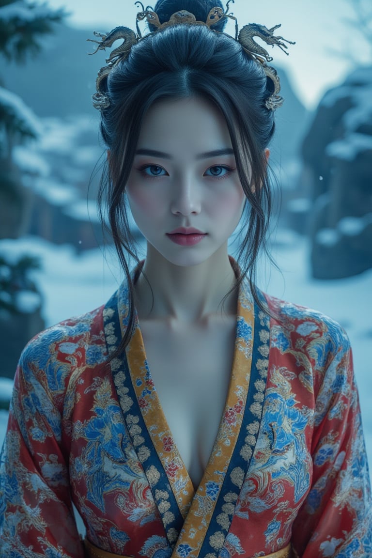 ral-ertmsphr, realistic, detailmaximizer, portrait of a young beautiful Chinese woman with pale skin and long dark hair, blue mystical make up, striking white eyes with ,  pale blue lips. She wears an ornate, traditional garment in red gold and blue with dragon-like designs on the shoulders. Set against a blurred snowy landscape with dark rocks and trees creating a serene mystical atmosphere. The style focuses on realistic textures, intricate details, and ethereal beauty, evoking a contemplative, mystical mood. highly detailed background,