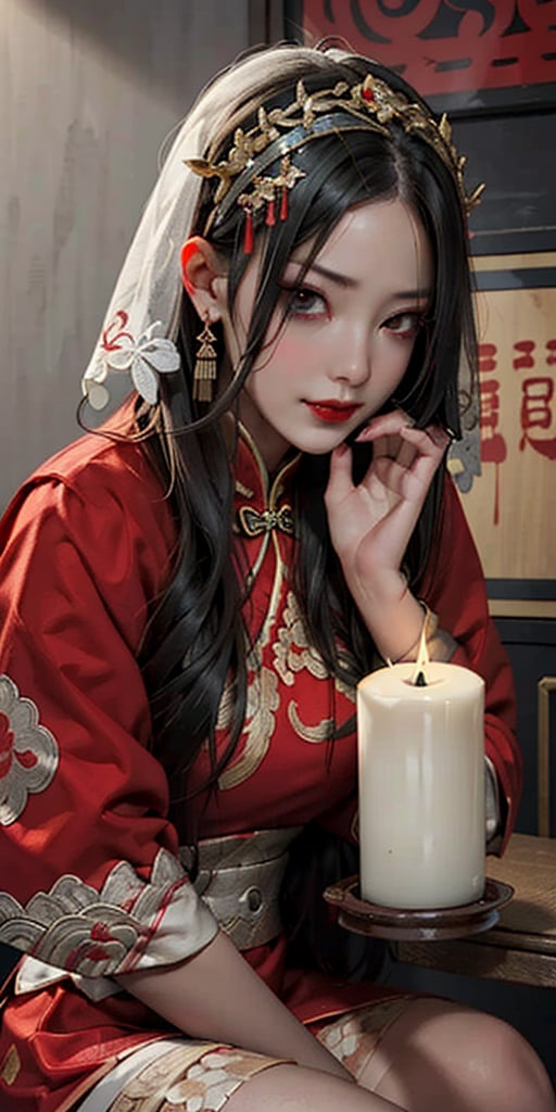 Masterpiece, Best Quality, Beautiful, High Quality, High Resolution Aesthetics, Detailed, Extremely Detailed, Ambient Soft Lighting, Perfect Eyes, Perfect Face, Somber Expression, 1girl, long black hair, hair accessories, 
Horror atmosphere, ancient Chinese bride, sitting in the room, candles on the table, red traditional Chinese dress, pale face, exquisite headdress, red lips, weird smile, a picture full of horror atmosphere,epiC35mm, qzcnhorror