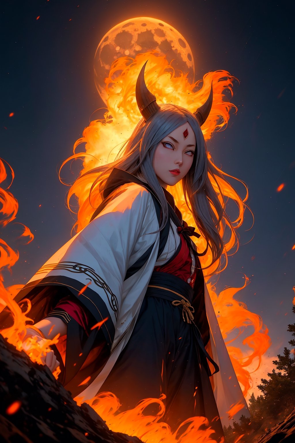 masterpiece,best quality,highly detailed,ultra-detailed,an extremely delicate and beautiful,masterpiece,1girl, solo,kaguya,mature female, long pure white long hair, absurdly long hair, third eye,horns, pale skin,white short eyebrows, pure white otsutsuki kimono, perfect eyes,floating hair, sexy pose, High quality 7k, High resolution ,fully_clothed, Meteorites with magma falling from the sky at night,third eye,pale skin,dynamic pose, dynamic poses, ( backview), (looking upward:1.2), (long shot:1.5), (from below:1.2),forests,big trees,temples,red full moon,r1ge,asian girl,Detailedface