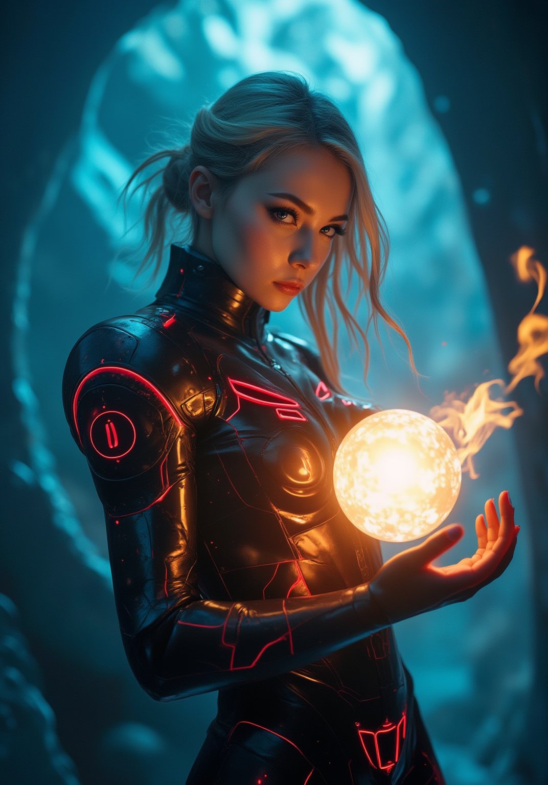 a cyborg girl in mecha armor,20yo,black and red colored armor,neon light lines glowing,exquisite face,soft shiny skin,blonde hair blowing,blue eyes, ., Exploring a stunning ice cavern, with crystalline ice formations, shimmering walls, and a glowing blue light emanating from the depths of the cave., Vibrant colors,Cobalt blue and yellow colors , realistic,detailed,masterpiece,best quality,sharp focus,high contrast,rule of thirds,depth of perspective,trending on artstation,chiaroscuro lighting, 
 . (((Rise her hand crackling with huge fire ball as she gazes directly at the camera,.,))),goth girl