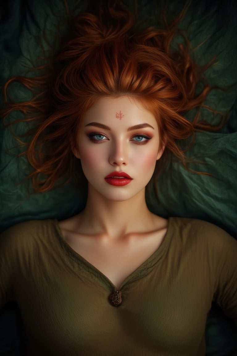 A fiery-haired wild girl sprawls across the canvas, her tousled locks framing her striking features under dramatic lighting. Her piercing eyes gleam with a hint of mischief, as she reclines on a lush green background, her perfect physique accentuated by the bold brushstrokes. The vibrant red lipstick and detailed facial features are illuminated from above, casting a warm glow on her porcelain skin. The overall atmosphere is one of raw energy, as if the wild girl might spring to life at any moment.,Midjourney_Whisper