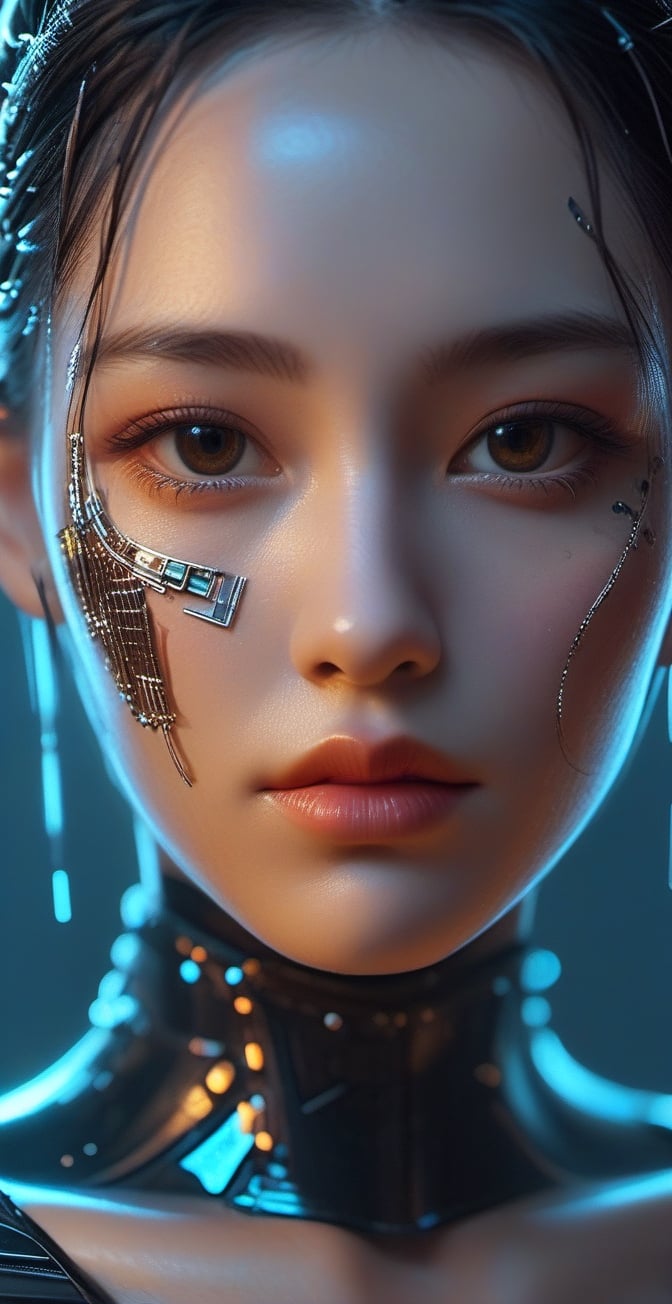 ((cowboy shot)),Macro photo showcasing a close-up of a futuristic, humanoid figure's face, adorned with intricate jewelry and electronic interfaces. Her gaze is intense, and her skin glows with a mix of natural and neon hues. The detailed view reveals cascading digital rain and illuminated lines, enhancing the cybernetic ambiance. in wide ratio,, smile, (oil shiny skin:1.3), (huge_boobs:2.6), willowy, chiseled, (hunky:2.0), body turn -46 degree, (perfect anatomy, prefecthand, dress, long fingers, 4 fingers, 1 thumb), 9 head body lenth, dynamic sexy pose, breast apart, ((full body:1.2)), (artistic pose of a woman),