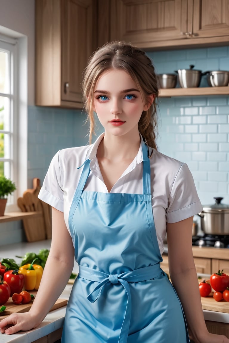 A 18-year-old young female chef posing in the kitchen Generate hyper realistic image of a woman wears apron,and soft blue eyes.  Set the scene in a kitchen,up close,sexy,teasing,huge breast,dynamic sexy poses,