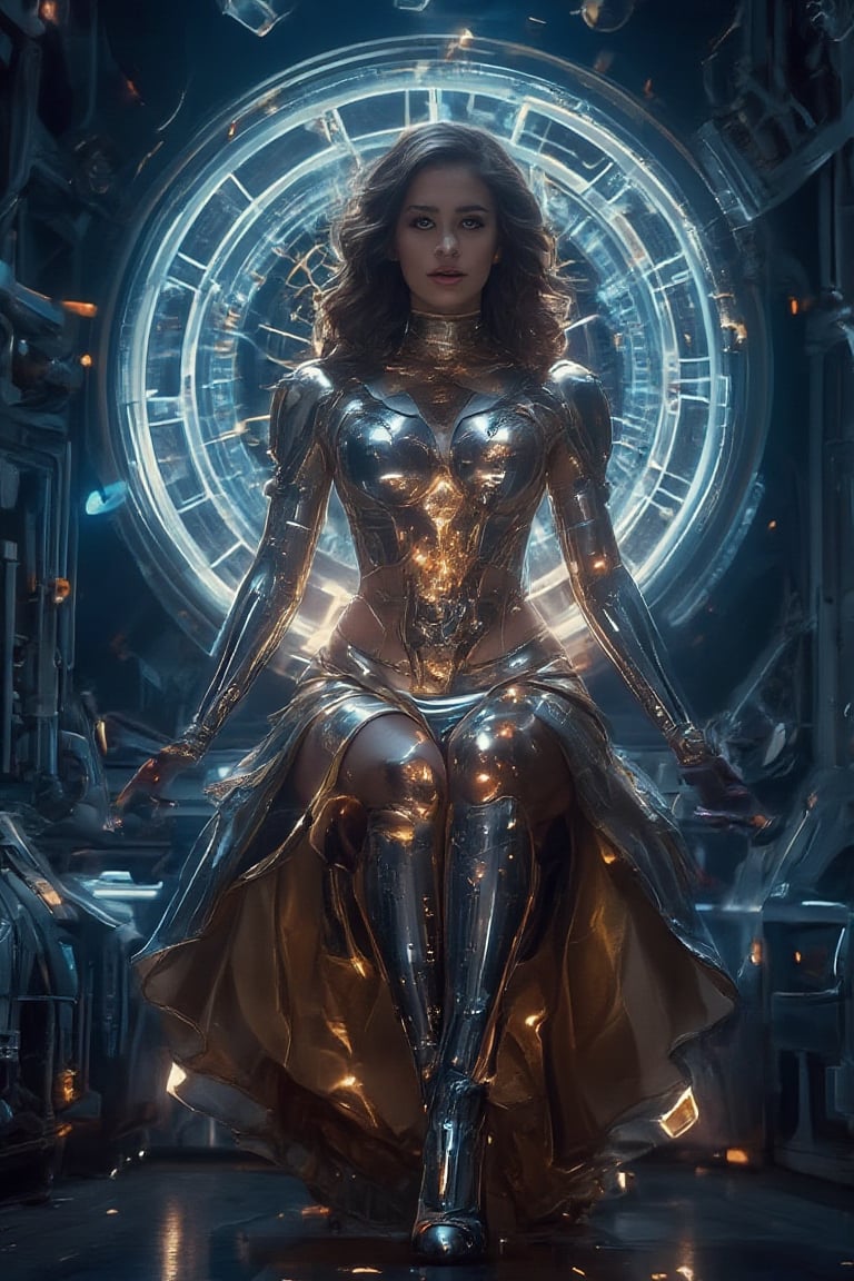 In a dimly lit technodome laboratory, a sultry siren emerges from the shadows. Her piercing gaze cuts through the haze of polished metal and blue lights, her metallic corset dress glistening with gears and mechanisms. Framed by a high-angled shot, her puffed sleeves and flared skirt end above knee-level, surrounded by glass tubes and copper fittings. Metallic gauntlets shine like armor on her arms, while curled locks cascade down her back. High-heeled steampunk boots complete her futuristic finery. A Dutch angle adds tension as the camera seems to bend time itself, revealing the blockbuster movie's hidden secret.,FuturEvoLabMecha, ((her hand crackling with huge fire power as she gazes directly at the camera,gentle facial contours poses meditatively in an Indian-inspired cross-legged position. The colorfully neon light of chakra shines through the head, chest, and abdomen, Behind her, a radiant, magical mandala-like aura of glowing, icy patterns spreads out, adding an ethereal and divine presence,)))