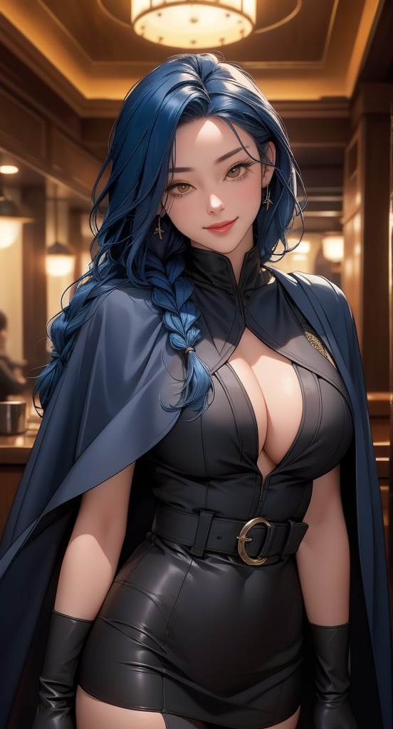 //quality, (masterpiece:1.331), (detailed), ((,best quality,)),//,(1girl),solo,//,(dark blue_hair:1.3),hairstyle,wavy hair, long hair, ((,single braid,)),detailed eyes, yellow eyes,//, dress,(black cloak), belt,black pantyhose,gloves,//,:),//,(walking:1.2),//,dark forest,trees,,wind effect, hood on, bar, drinking in a crowded bar.
,blurry_background,smile,looking_at_viewer,(oil shiny skin:0.8), (big_boobs), breast apart,willowy, chiseled, (hunky:1.4),(perfect anatomy, prefect hand,), 9 head body lenth, dynamic sexy pose, (artistic pose of awoman),((upper body ,from_pov:1.3)),sexy woman,stockings,r1ge