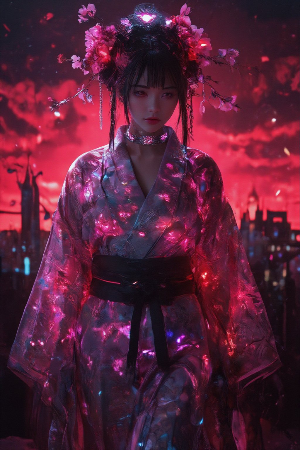 In a desolate post-apocalyptic Moscow Kremlin, ravaged by chaos and destruction, a lone cyborg stands amidst the ruins. Her fluorescent pink eyes glow bright amidst the fiery red sky ablaze with flames and dark black clouds. She wears a stunning kimono with floral print of cherry blossoms, its delicate petals fluttering in the wind. A soft smile plays on her lips as she looks directly at the viewer, her parted bangs framing her face like a work of art. Her long black hair flows down her back, adorned with a hair ornament that shines like a beacon of hope. The once-beautiful fabric is now tattered and worn, mirroring the destruction surrounding her. A delicate bow adorns her neck, complementing the intricate jewelry wrapping around her upper body. Amidst the devastation, she stands frozen in time, her beauty and poise a defiant declaration against the backdrop of destruction. Upper body, 4K, best quality, masterpiece.