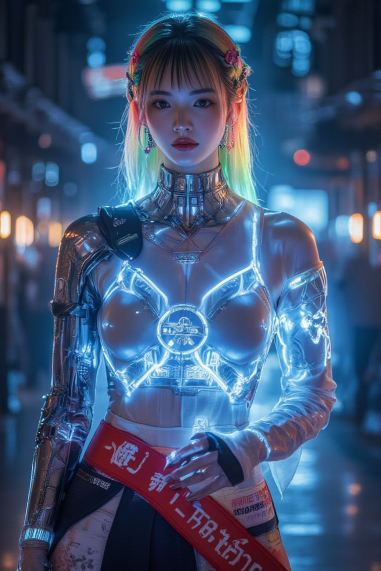  Upper body , In a 35mm shot with a 9:16 aspect ratio, a stunning cybernetic girl stands tall in a docking station, her gaze amplified by enhanced sensory capabilities. Her porcelain skin glows softly under holographic projections refracting light. Rainbow-colored hair cascades down her back in an asymmetrical A-line haircut. Metallic accents adorn her slender fingers as she takes off her left arm, revealing blue LED lights tracing her body. Perfect facial features and a short black hairstyle are accentuated by cinematic lighting. A red diagonal belt holds an exaggerated mechanical Japanese samurai sword, while white English labels cover her robotic body parts. The production model and brand logo shine brightly amidst the bokeh effect, adding depth to the scene. With hyper detail and extreme attention to lighting, this cyberpunk masterpiece exudes complex emotions, blending tradition with innovation in a dystopian world.