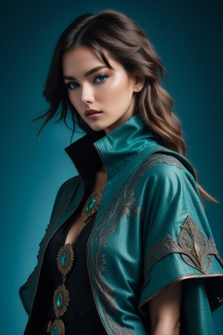 An award-winning closeup photo of a female model wearing a baggy teal distressed medieval cloth womenswear jacket by alexander mcqueen, 4 k, studio lighting, wide angle lens