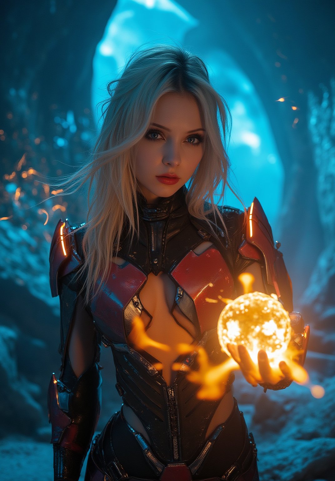 a cyborg girl in mecha armor,20yo,black and red colored armor,neon light lines glowing,exquisite face,soft shiny skin,blonde hair blowing,blue eyes, ., Exploring a stunning ice cavern, with crystalline ice formations, shimmering walls, and a glowing blue light emanating from the depths of the cave., Vibrant colors,Cobalt blue and yellow colors , realistic,detailed,masterpiece,best quality,sharp focus,high contrast,rule of thirds,depth of perspective,trending on artstation,chiaroscuro lighting, 
 . (((Rise her hand crackling with huge fire ball as she gazes directly at the camera,.,))),goth girl