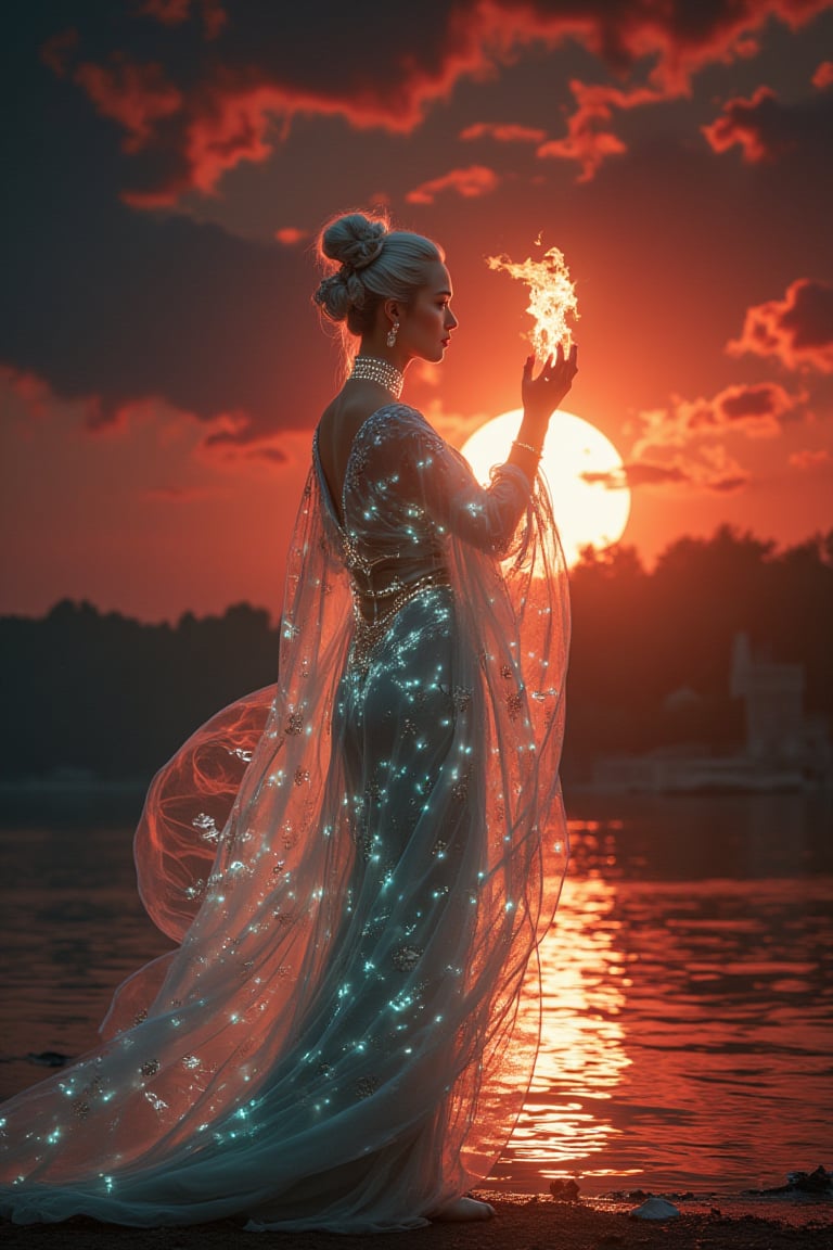 Upper body,
A serene lakeside moment unfolds as the camera captures a majestic Japanese woman standing on the shore, her silver hair glistening in warm sunlight that casts a gentle glow on her tranquil face. The stunning sea-colored silk gown with delicate seashell and pearl embroidery flows behind her like ripples on the water's calm surface. Her hand holds aloft a crackling flame that adds depth to the composition.

**Prompt 2**
In a desolate Moscow Kremlin ruin, the camera pans across the devastated landscape: shattered bricks and twisted metal scatter across the composition, showcasing every detail of devastation. Amidst this chaos, a luminous transparent bioluminescent multidimensional entity radiates an otherworldly glow that pierces through the fiery red sky, engulfed by flames that dance amidst dark black clouds.