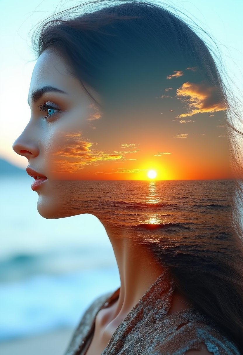 High quality, 8K Ultra HD, a beautiful double exposure that combines a goddess silhouette with the sunset coast, blue eyes, the sunset coast should serve as the underlying backdrop, with its details incorporated into the goddess, sharp lines, the background is monochrome, sharp focus, double exposure, impressive in full color,