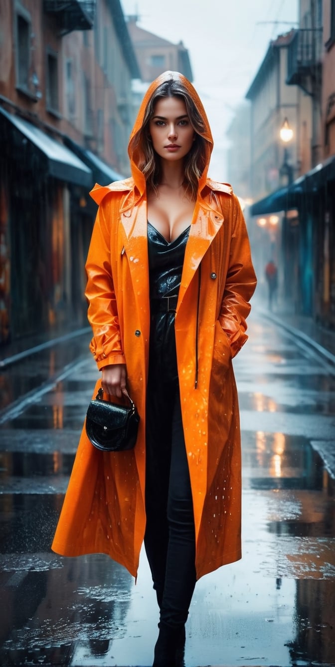 upper body, Generate an artisvic vision of watercolor portrait of a beautiful girl in a orange raincoat,20yo,walking in a dark raining street.fullbody.graffiti style.(Rough strokes).Mystical.Mysterious.Ethereal.Dim lights in the street.Dark and Hazy background.puddles.rain.fog. spotlight on her face.low key.(chiaroscuro lighting),blurry backdrop.BREAK rule of thirds,depth of perspective,perfect composition,impressionism,clear facial features,perfect hands,aesthetic minimalism,painterly,by Karol Bak,Alessandro Pautasso and Hayao Miyazaki, real_booster, art_booster, street background, c. smile,(oil shiny skin:1.0), (big_boobs:1.5), willowy, chiseled, (hunky:2.6),(( body rotation 120 degree)), (upper body:2),(perfect anatomy, prefecthand, dress, long fingers, 4 fingers, 1 thumb), 9 head body lenth, dynamic sexy pose, breast apart, (artistic pose of awoman),neon photography style, cinematic moviemaker style