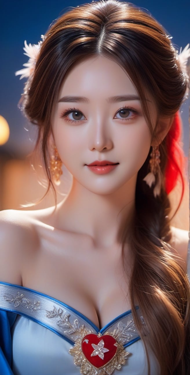 best quality, masterpiece, 1girl, solo, extremely detailed, bare shoulders, Bright stars, Depth of field, dramatic angle, floating hair, feather, looking at viewers, real, photo, cityscape, stars, night, full moon, giantess, long hair, multicolored hair, blue eyes, red eyeshadow, smirk, evening dress, hair ornament, heart hair ornament, earrings, jewelry, bell, necklace, pendant, bracelet, half gloves , tiara, halo, off shoulder, detached sleeves, Long skirt, red hair, blonde hair , streaked hair, wavy hair.",smile, (huge_boobs:1.7), willowy, chiseled, (hunky:3.4), body Rotation -9 degree,((cowboy shot:1.5)),Movie Still,chinese girls,hanfu,xxmix_girl