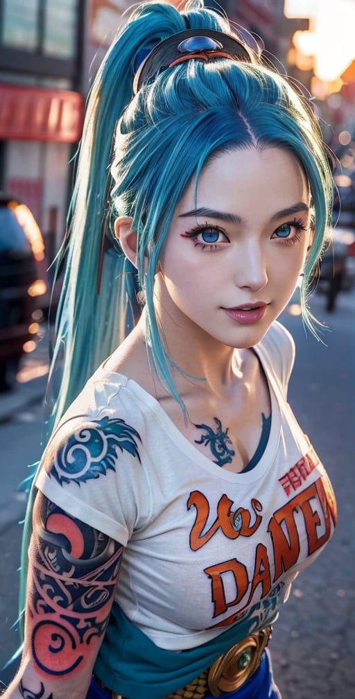 upper_body , score_9, score_8_up, score_7_up, score_6_up, 1girl, long hair,short_ponytail, light blue hair, sunset, grey eyes, plump, realistic, tattoo on body, beautiful mixed detail tattoo, tattoo of, arm tattoo, ((anime girl tattoo wearing dragon ball comic of Japan t-shirt)),smile,looking_at_viewer,(oil shiny skin:0.8), (big_boobs), willowy, chiseled, (hunky:1.8),(perfect anatomy, prefect hand,), 9 head body lenth, dynamic sexy pose, (artistic pose of awoman),from_above,