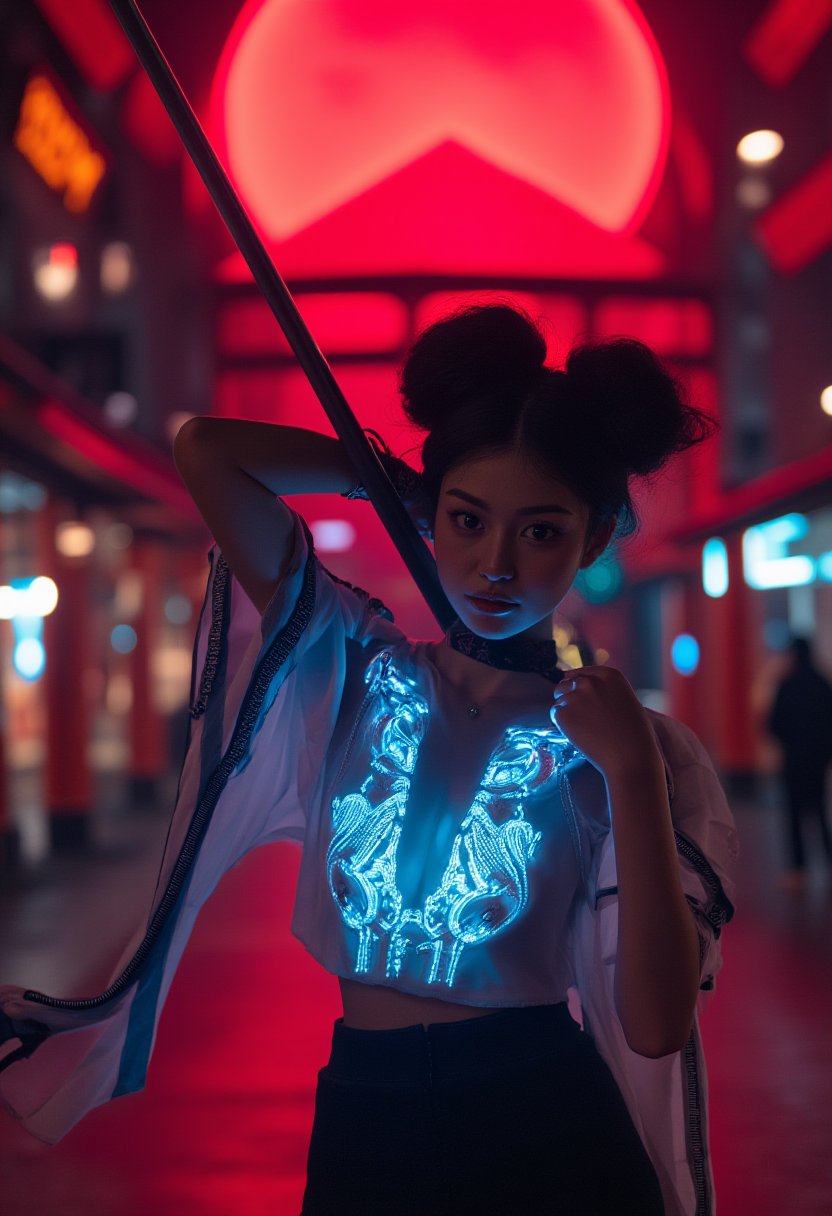 (An overhead close-up shot captures the cyborg warrior as she lifts her katana high above her head, the blade dominating the frame and glowing with the crimson light of the red moon. The focus shifts from the sharp edge of the katana to her mechanical jaw and intense eyes beneath her short, double pom-pom hair. Her baggy kimono and flowing scarf add intricate textures to the scene as they ripple in the wind. In the background, blurred out, two mountains and a giant torii gate loom under the red moonlight, with volumetric fog and cyan-red lights creating an otherworldly ambiance retro cyberpunk girl, (kyoto street background:1.1),cyberhelmet, unzip sleeves,Her porcelain skin glows softly beneath holographic projections refracting light, highlighting intricate neon cablework within her transparent torso.  blue LED lights tracing her chest create an artful display of intensity. ,