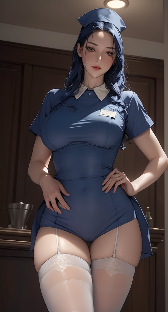 (American Female gorgeous:1.4), (dark blue Hair in long wavy:1.3), (pale white Skin:1.2), (intense yellow eyes looking up:1.3), (nurse attire:1.4), (sheer black thigh-high stockings:1.3), (small_breast:1.1),(thick thighs:1.2), (wide hips:1.2), (long legs:1.2), ((big ass)), ( lips seductively:1.4), (arched eyebrow:1.2), (still standing provocatively:1.4),(glimpse of occult symbols:1.2), night, (sinister atmosphere:1.3), (gothic hospital),Insane Details, Ultra Realistic, Dramatic Lighting, 8K resolution, photorealistic, moody ambiance, Masterpiece,
,blurry_background,smile,looking_at_viewer,(oil shiny skin:0.8), (big_boobs), breast apart,willowy, chiseled, (hunky:1.4),(perfect anatomy, prefect hand,), 9 head body lenth, dynamic sexy pose, (artistic pose of awoman),((medium full shot,from_below:1.3)),