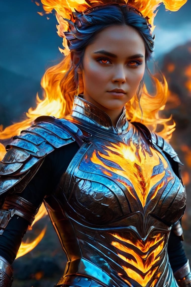 (best quality,8K,highres,masterpiece),1 girl,solo,ultra-detailed 3D render with vivid colors and spectacular HDR effects. An extraordinary spirit of nature, ((expression furiously)), invokes above it, releasing a dazzling array of powerful energy in the form of an impressive Fire spirit growing out of control, vividly consuming everything in its path. The scene is cinematic, with a perspective and deep depth of field, and the Fire spirit is portrayed with radiant, colorful eyes. The spirit is adorned in full-body armor, creating a visually stunning and vibrant illustration.,(cowboy_shot:1.5), (huge_boobs:1.2), willowy, chiseled, (hunky:1.6), body turn 66 degree, i