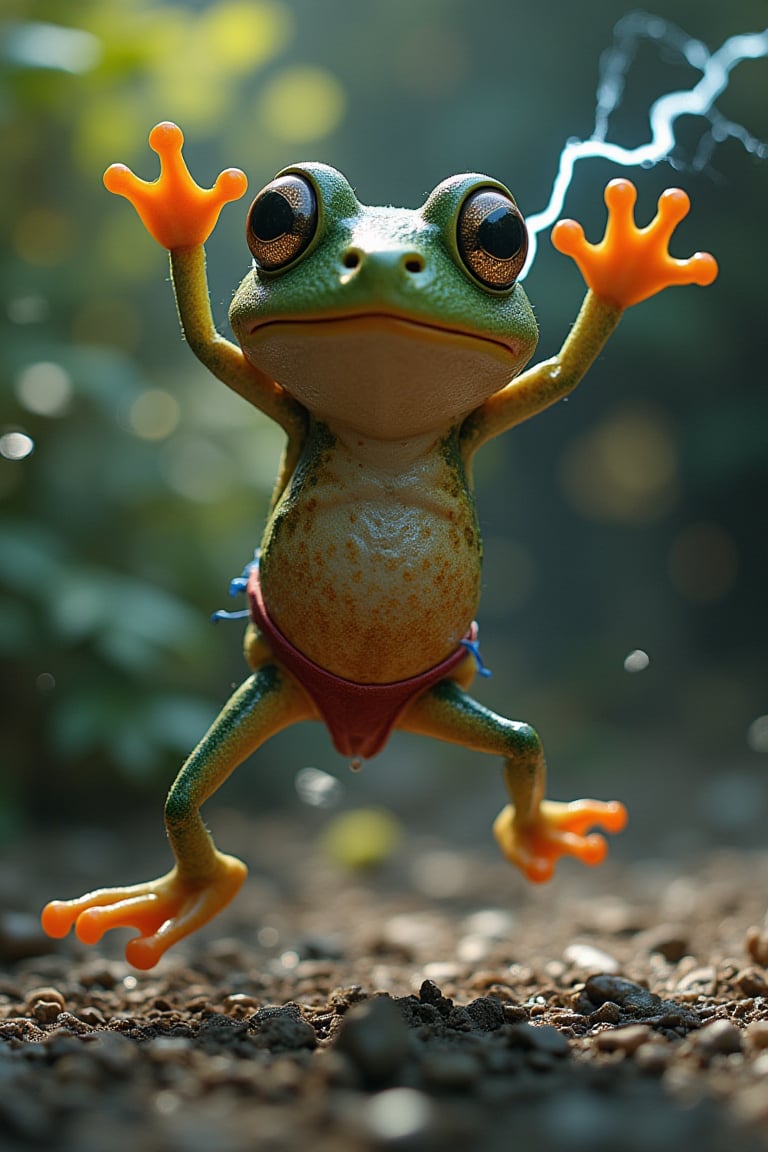 vibrant comical Funny, leaping frog wearing a bathing suit, arms in air, full body, hyper-realistic, extremely detailed, vibrant, Ultra HD 128k,(it's  hand crackling with huge electricity power as it's gazes directly at the camera))