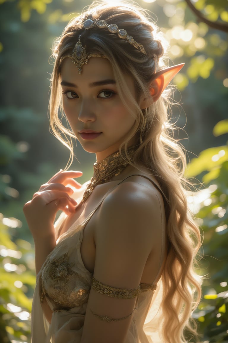 Extreme photorealistic depiction of a Serene young elven princess under soft sunlight, A graceful, fantasy character with intricate attire,intricate elven tiara, beautiful elven pointy ears, and very smooth skin standing peacefully in a sun-dappled forest, looking at viewer with a soft, loving look with eyes slightly distant.Gently brushing her hair aside,