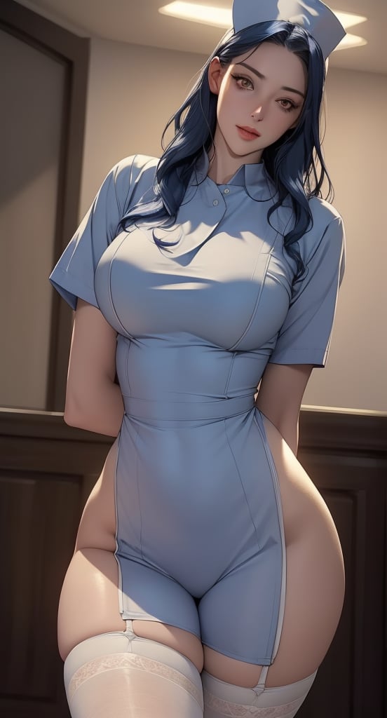 (American Female gorgeous:1.4), (dark blue Hair in long wavy:1.3), (pale white Skin:1.2), (intense yellow eyes looking up:1.3), (nurse attire:1.4), (sheer black thigh-high stockings:1.3), (small_breast:1.1),(thick thighs:1.2), (wide hips:1.2), (long legs:1.2), ((big ass)), ( lips seductively:1.4), (arched eyebrow:1.2), (still standing provocatively:1.4),(glimpse of occult symbols:1.2), night, (sinister atmosphere:1.3), (gothic hospital),Insane Details, Ultra Realistic, Dramatic Lighting, 8K resolution, photorealistic, moody ambiance, Masterpiece,
,blurry_background,smile,looking_at_viewer,(oil shiny skin:0.8), (big_boobs), breast apart,willowy, chiseled, (hunky:1.4),(perfect anatomy, prefect hand,), 9 head body lenth, dynamic sexy pose, (artistic pose of awoman),((medium full shot,from_pov:1.3)),