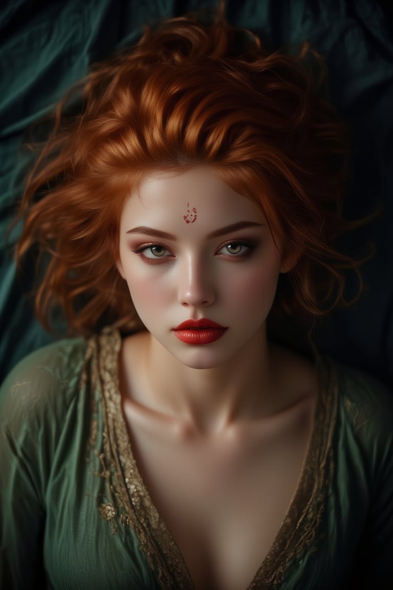 A fiery-haired wild girl sprawls across the canvas, her tousled locks framing her striking features under dramatic lighting. Her piercing eyes gleam with a hint of mischief, as she reclines on a lush green background, her perfect physique accentuated by the bold brushstrokes. The vibrant red lipstick and detailed facial features are illuminated from above, casting a warm glow on her porcelain skin. The overall atmosphere is one of raw energy, as if the wild girl might spring to life at any moment.,Midjourney_Whisper