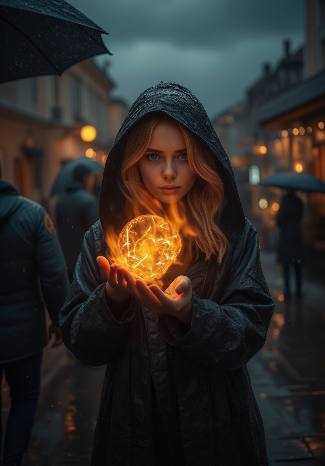 Upper body , Masterpiece, best quality, Photorealistic, sharp focus, highly detailed, top quality, Ultra-High Resolution, HDR, 8K, epiC35mm, film grain, moody photography, cinematic style, color saturation:-0.4, a Norwegian young woman, forgetting her umbrella, rainy street, 28 years, wavy, blonde, blue eyes, wearing a raincoat without a hood, frustrated expression, standing in the rain with her hands shielding her head, raindrops soaking her clothes, people around her holding umbrellas, dark clouds overhead, the city glistening with reflections from the wet pavement.
 . (((Rise her hand crackling with huge fire ball as she gazes directly at the camera,.,))),goth girl