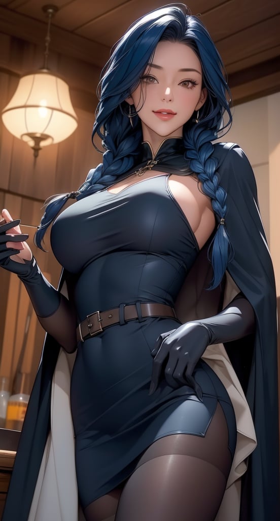 //quality, (masterpiece:1.331), (detailed), ((,best quality,)),//,(1girl),solo,//,(dark blue_hair:1.3),hairstyle,wavy hair, long hair, ((,single braid,)),detailed eyes, yellow eyes,//, dress,(black cloak), belt,black pantyhose,gloves,//,:),//,(walking:1.2),//,dark forest,trees,,wind effect, hood on, bar, drinking in a crowded bar.
,blurry_background,smile,looking_at_viewer,(oil shiny skin:0.8), (big_boobs), breast apart,willowy, chiseled, (hunky:1.4),(perfect anatomy, prefect hand,), 9 head body lenth, dynamic sexy pose, (artistic pose of awoman),((upper body ,from_below:1.3)),sexy woman,stockings,r1ge