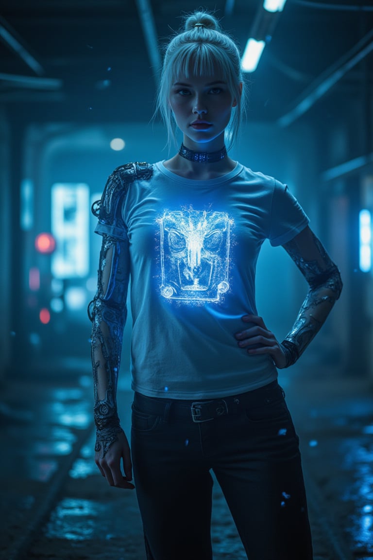 A hauntingly beautiful female albino model stands defiantly in a dimly lit underground lair. She wears a sleek cyberpunk-inspired t-shirt that glows with neon hues under the faint blue light of a distant cityscape. Her gaze is confident and unapologetic as she poses with one hand resting on her hip, while a futuristic robotic limb extends from her shoulder. The camera captures her dynamic pose through a wide-angle lens, emphasizing the gritty texture of the environment. Lens flare and scratches add to the overall grunge aesthetic, as if the image has been distorted by the city's raw energy. Artificial lighting creates an eerie glow on her pale skin, while visual artifacts and light leaks imbue the scene with a sense of glitched photography.,biomechanical arms,led on elbow,