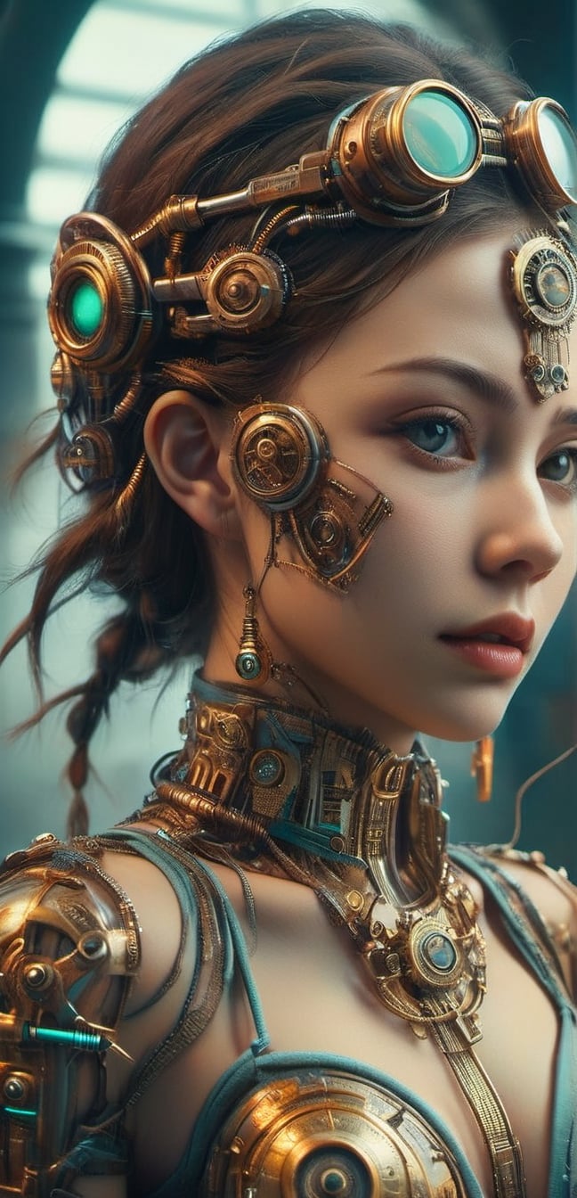 ((medium shot)), (RAW photo, best quality), (realistic, photo-Realistic:1.3), Imagine a beautiful cyborg with a translucent glowing glass body with colorful electronic mecha part and clockwork completely visible through her translucent glass body walking through a futuristic city, flowy hair, fantasy, work of beauty and complexity, 8k UHD, hyperdetailed ultrarealistic face, hazel eyes ,cyborg style, glowing translucent glass, amber glow,steampunk style, glass body, 80mm digital photo , wide_hips, translucent seethrough glass like body,Leonardo Style,cyberpunk style, iridescent glow,glasstech,,smile, (oil shiny skin:1.0), (big_boobs:2.8), willowy, chiseled, (hunky:2.4),(( body rotation -35 degree)), (upper body:0.8),(perfect anatomy, prefecthand, dress, long fingers, 4 fingers, 1 thumb), 9 head body lenth, dynamic sexy pose, breast apart, (artistic pose of awoman),chrometech,surface imperfections,steampunk,bubbleGL,neotech,ste4mpunk,DonMM00m13sXL