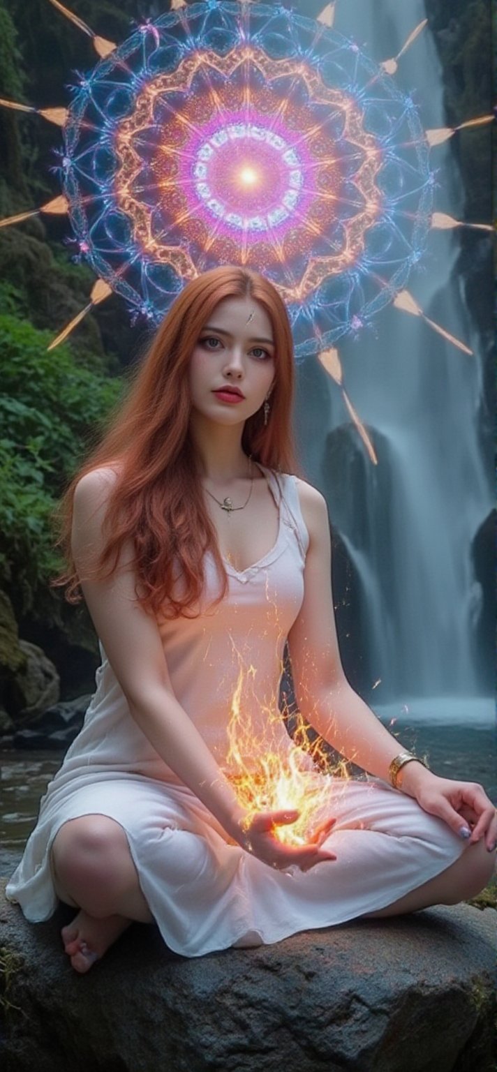 A serene woman with long, flowing red hair sits on a rock beside a cascading waterfall. She wears a simple, flowing dress that moves with the breeze. The sound of the water and the lush greenery surrounding her create a tranquil and natural atmosphere.
 . (((her hand crackling with huge fire power as she gazes directly at the camera,. The colorfully neon light of chakra shines through the head, chest, and abdomen, Behind her, a radiant, magical mandala-like aura of glowing, icy patterns spreads out, adding an ethereal and divine presence,)))