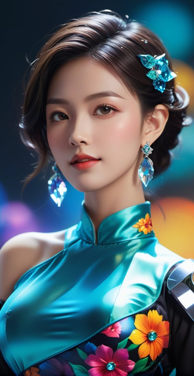 (1girl solo:1.2), , photorealism, chromatic aberration, lens distortion, sharp focus, highest detail, Diamond Earrings, Shining Diamond Parts, Seductive Expression, Silk Floral Off-Shoulder Dress, Order, black gradient background, texture crop, Korean model), Detailed Textures, high quality, high resolution, high Accuracy, realism, color correction, Proper lighting settings, harmonious composition, in the style of esao andrews, smile, (oil shiny skin:1.3), (huge_boobs:3.2), willowy, chiseled, (hunky:3.5), body turn -46 degree, (perfect anatomy, prefecthand, dress, long fingers, 4 fingers, 1 thumb), 9 head body lenth, dynamic sexy pose, breast apart, ((full body:0.6)), (artistic pose of a woman),HellAI,Glass Elements,(Transperent Parts),,Vibrant colors palettes,Mechanical part,mecha,futuristic_aodai,aotac,DonMChr0m4t3rr4XL 