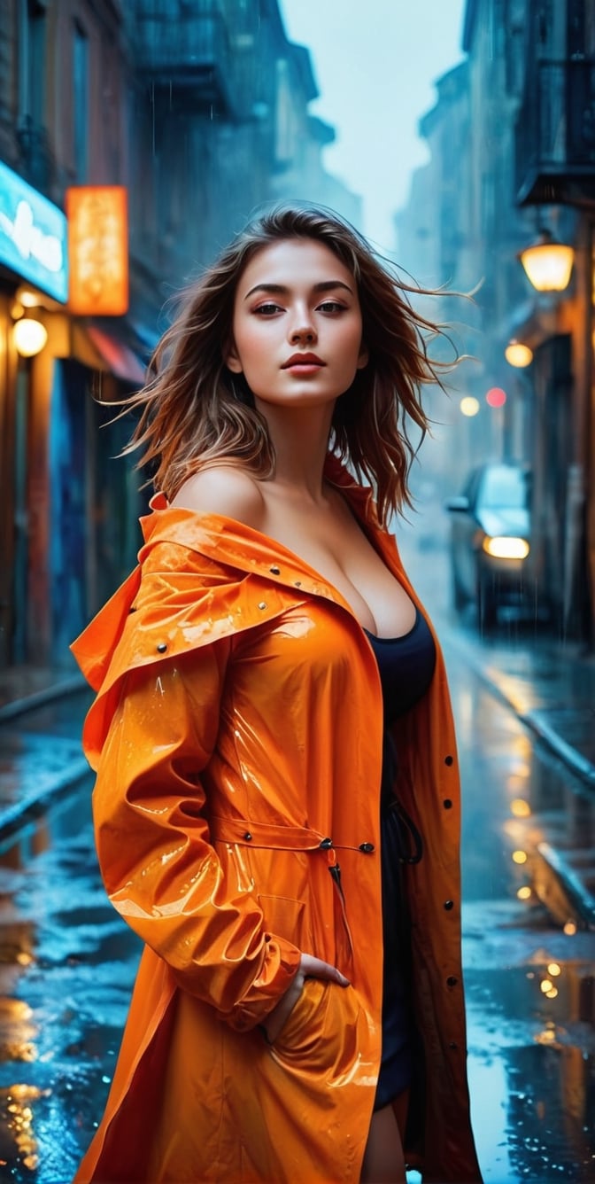 upper body, Generate an artisvic vision of watercolor portrait of a beautiful girl in a orange raincoat,20yo,walking in a dark raining street.fullbody.graffiti style.(Rough strokes).Mystical.Mysterious.Ethereal.Dim lights in the street.Dark and Hazy background.puddles.rain.fog. spotlight on her face.low key.(chiaroscuro lighting),blurry backdrop.BREAK rule of thirds,depth of perspective,perfect composition,impressionism,clear facial features,perfect hands,aesthetic minimalism,painterly,by Karol Bak,Alessandro Pautasso and Hayao Miyazaki, real_booster, art_booster, street background, c. smile,(oil shiny skin:1.0), (big_boobs:1.5), willowy, chiseled, (hunky:2.6),(( body rotation 120 degree)), (upper body:2),(perfect anatomy, prefecthand, dress, long fingers, 4 fingers, 1 thumb), 9 head body lenth, dynamic sexy pose, breast apart, (artistic pose of awoman),neon photography style