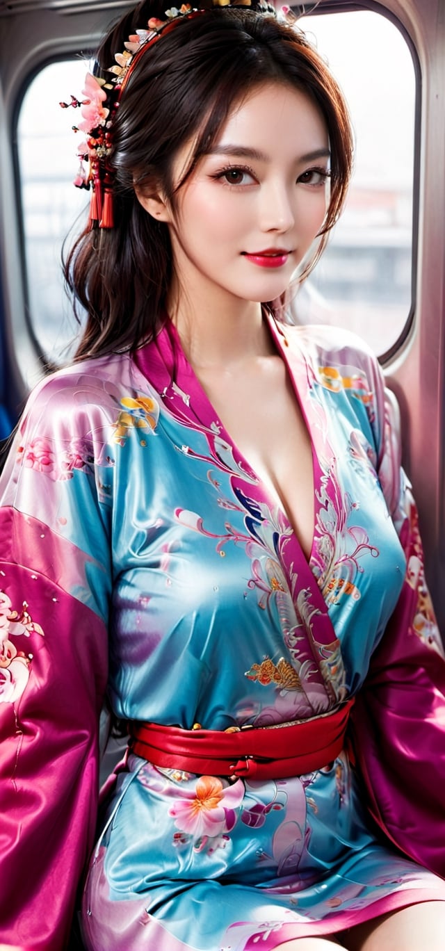 Best quality, masterpiece, ultra high res, (photorealistic:1.4), raw photo, a person is sitting on a train, her legs sticking out, in the style of futuristic psychedelia, elaborate kimono, candid shots of famous figures, swirling vortexes, dark magenta and orange, sculptural costumes, photorealistic scenes),  smile,(oil shiny skin:1.0), (big_boobs:1.2), willowy, chiseled, (hunky:1.6),(( body rotation -90 degree)), (upper body:1.6),(perfect anatomy, prefecthand, dress, long fingers, 4 fingers, 1 thumb), 9 head body lenth, dynamic sexy pose, breast apart, (artistic pose of awoman),more detail XL,Movie Still,photo r3al,samurai,Red mecha,1 girl