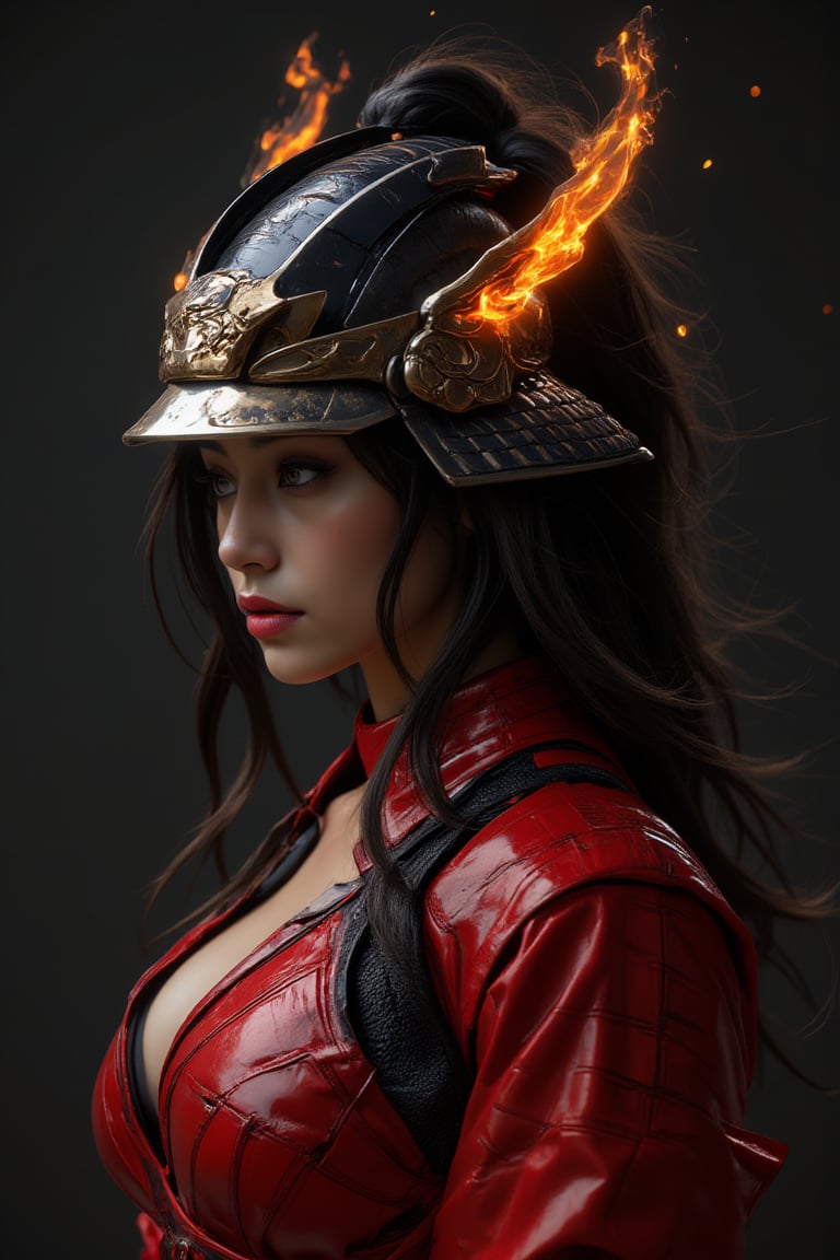 mythp0rt, Silhouette Art, breathtaking detailed, masterpiece, awe-inspiring, radiant, magnificent. (all dark hues and fine vibrant orange glowing smoldering accent and shiny silver color scheme:1.02). glossy. stunning oriental woman, long hair, samurai helment, red leather samurai armour