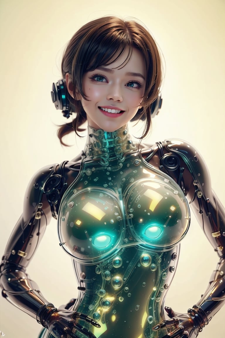 , gelatintech , scifi, yellow , see-through, transparent, giggly , 1girl, ,gelatintech,, (oil shiny skin:1.3), (middle breast:0.9), (perfect anatomy, prefecthand, dress, long fingers, 4 fingers, 1 thumb), 9 head body lenth, dynamic sexy pose, breast apart, (upper body:0.9), looking at viewer,more detail , (From pov),glasstech