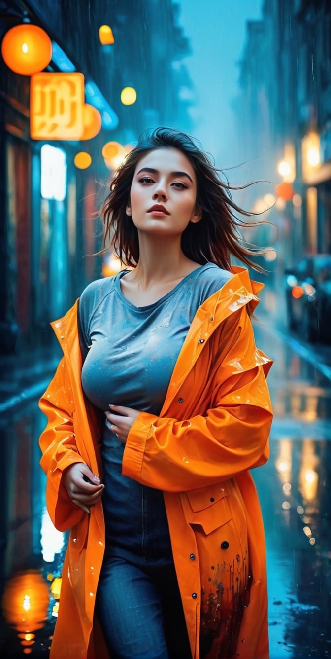 upper body, Generate an artisvic vision of watercolor portrait of a beautiful girl in a orange raincoat,20yo,walking in a dark raining street.fullbody.graffiti style.(Rough strokes).Mystical.Mysterious.Ethereal.Dim lights in the street.Dark and Hazy background.puddles.rain.fog. spotlight on her face.low key.(chiaroscuro lighting),blurry backdrop.BREAK rule of thirds,depth of perspective,perfect composition,impressionism,clear facial features,perfect hands,aesthetic minimalism,painterly,by Karol Bak,Alessandro Pautasso and Hayao Miyazaki, real_booster, art_booster, street background, c. smile,(oil shiny skin:1.0), (big_boobs:1.5), willowy, chiseled, (hunky:2.6),(( body rotation 120 degree)), (upper body:2),(perfect anatomy, prefecthand, dress, long fingers, 4 fingers, 1 thumb), 9 head body lenth, dynamic sexy pose, breast apart, (artistic pose of awoman),neon photography style